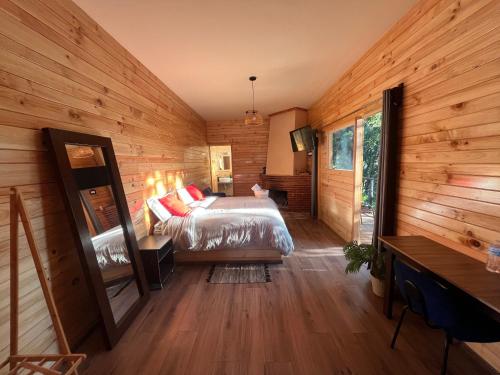 ein Schlafzimmer mit einem Bett in einem Zimmer mit Holzwänden in der Unterkunft San José del Pacífico- Cabañas Camino al Cielo 1 in San Mateo Río Hondo