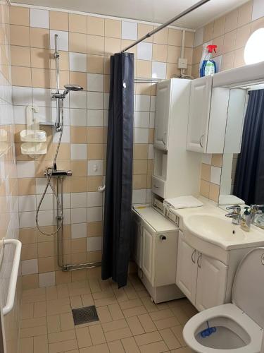 Un baño con ducha, inodoro y lavabo. en Biskopsgarden, en Gotemburgo
