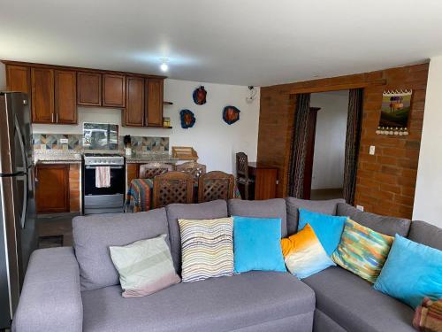 コタカチにあるCasa Blanca departamentoのカラフルな枕が置かれた灰色のソファのあるリビングルーム