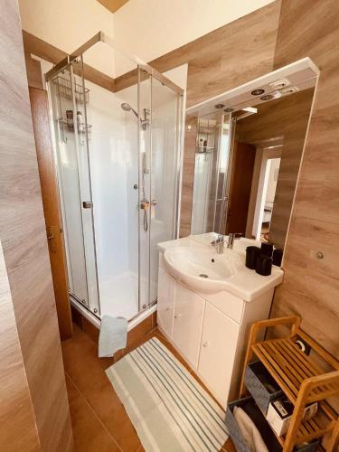 a bathroom with a shower and a sink at Abdalla Apartments in Knittelfeld