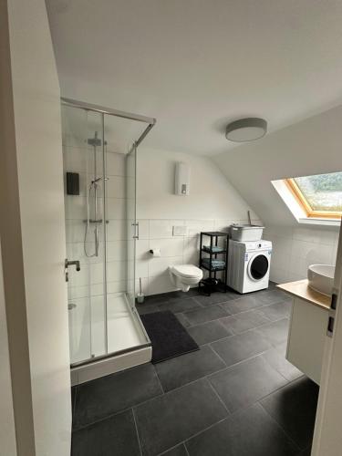 a bathroom with a shower and a toilet and a sink at Ferienwohnungen zum Goldgräber in Bernkastel-Kues