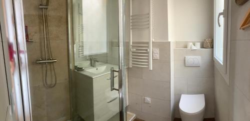Un baño con ducha, inodoro y lavabo. en villa bormes les mimosas, en Bormes-les-Mimosas