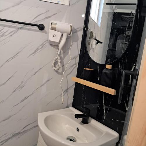 a bathroom with a sink and a mirror at Tiny House Ruta 215 in Osorno