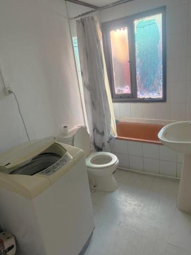 a bathroom with a toilet and a sink and a window at Casa España in Punta Arenas