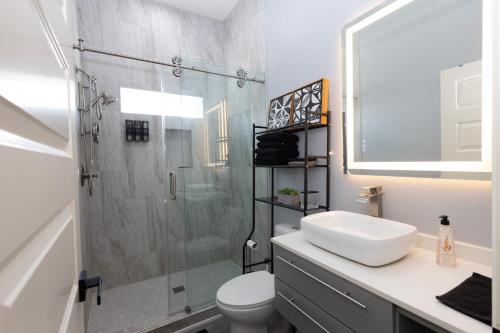 Un baño con ducha, lavabo e inodoro. en The Blue House, en Hitchcock