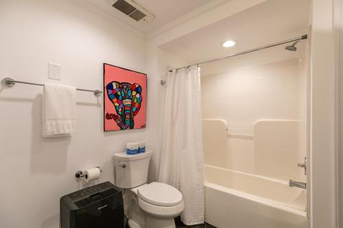 Un baño blanco con inodoro y ducha. en Mountain Bliss at Hound Ears, en Valle Crucis