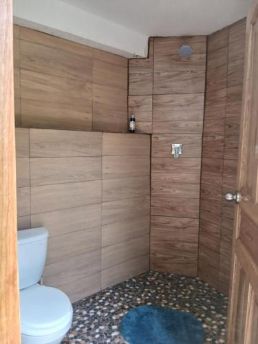a bathroom with a toilet and a shower with wooden walls at Hilo Verde in Pisac