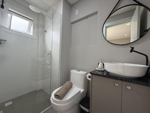 a bathroom with a toilet and a sink and a mirror at Sua estadia exclusiva em Blumenau a 350m da Vila Germânica - OCNs in Blumenau