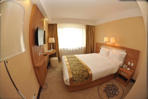 a hotel room with a bed and a television at Flower Hotel Ulaanbaatar in Ulaanbaatar
