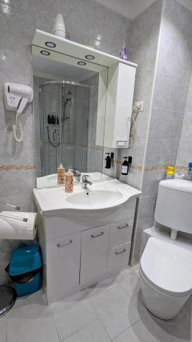 a bathroom with a sink and a toilet and a mirror at Céline in Genoa