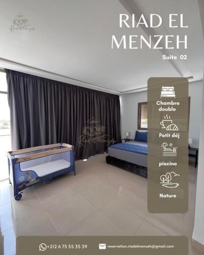 a bedroom with a bed and a sign in a room at Riad el menzeh in Bouznika