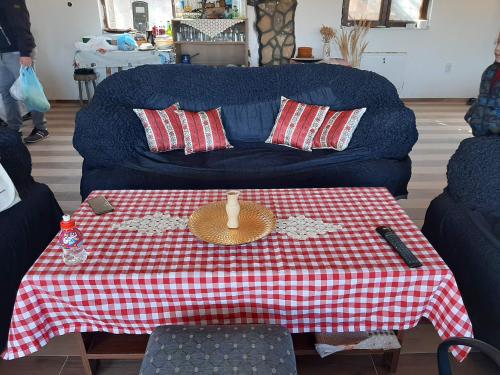 a living room with a blue couch with a table at Vila Kostadinovic in Pirot