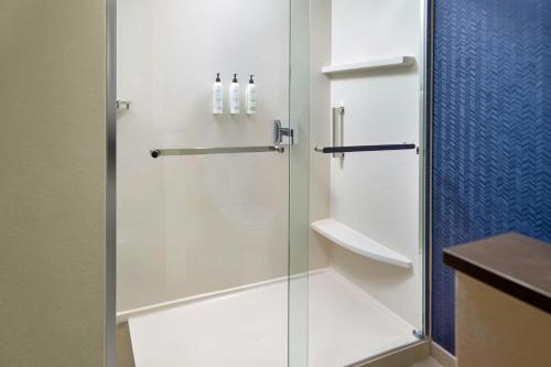 a shower with a glass door in a bathroom at Fairfield by Marriott Inn & Suites Alpharetta Avalon Area in Alpharetta