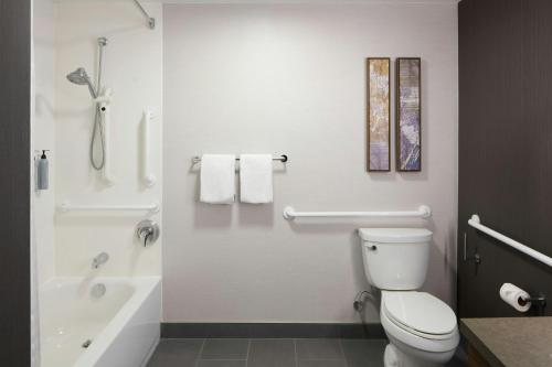 Un baño con inodoro blanco y ducha. en Courtyard Williamsburg - Busch Gardens, en Williamsburg