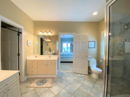 a bathroom with a shower and a toilet and a sink at Lookout Point in Edisto Island