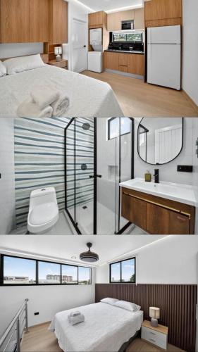a collage of three pictures of a bedroom and a bathroom at Hotel Sabana Inn in San José
