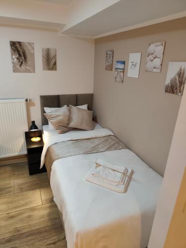 ジークブルクにあるAmaleo Apartments Siegburgの壁に絵が飾られた小さな部屋のベッド2台