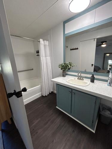 a bathroom with a sink and a mirror at The Ozark Stargazer in Western Grove
