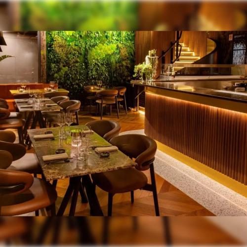 a restaurant with tables and chairs and a kitchen at Hotel del cerro in Caviahue