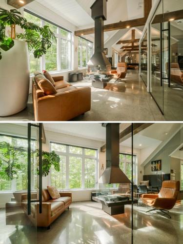 a living room and dining room with a fireplace at Escapade bien-être, en Estrie in Shefford
