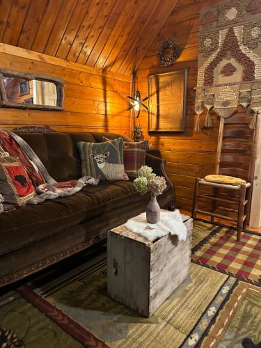 CosbyにあるThe Drake Cabin in The Forestのソファとテーブルのあるリビングルーム