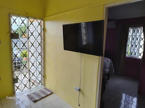 a television on a wall in a room at The Luxe Spot in Spanish Town