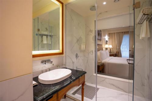 Radisson Resort Mount Abu في مونت ابو: حمام مع حوض ودش