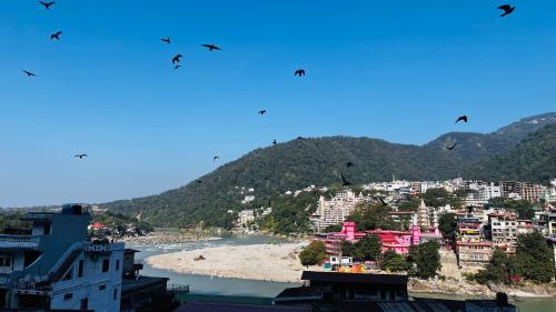 un grupo de pájaros volando sobre una ciudad y un río en Hotel Devraj, en Rishīkesh