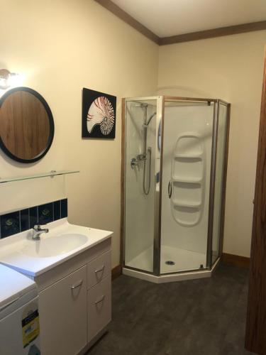 a bathroom with a shower and a sink at Cambria Cottage in Nelson