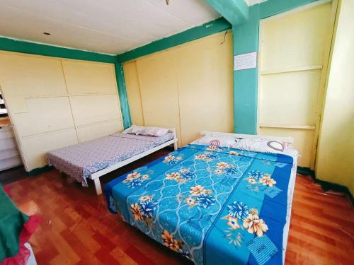two beds in a room with green walls at Mountain Pine Breeze in Sampong