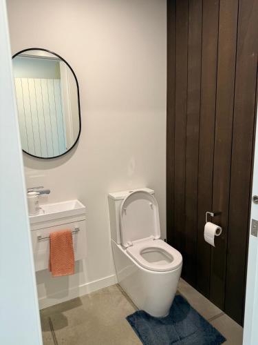 a bathroom with a white toilet and a mirror at The Green Room in Queenstown Airport