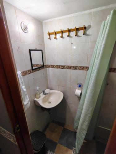 a small bathroom with a sink and a shower at La Vie En Rose CTG in Cartagena de Indias