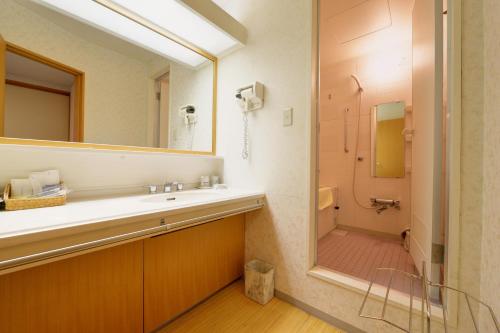 a bathroom with a sink and a mirror and a shower at Hakuba Alps Hotel in Otari
