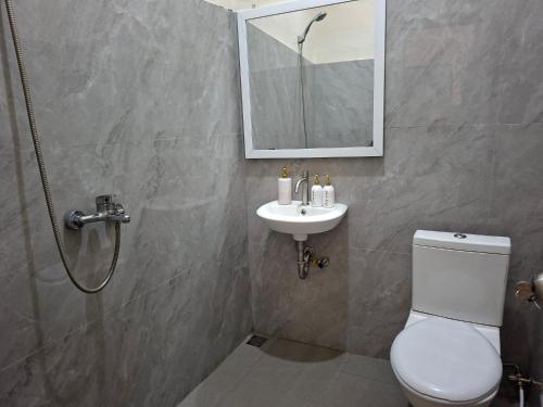 a bathroom with a toilet and a sink and a mirror at Dacha in Bukittinggi