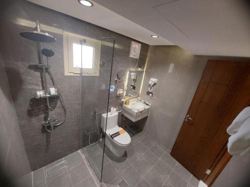 a bathroom with a shower and a toilet and a sink at ساتورن هاوس للشقق الفندقية in Tabuk
