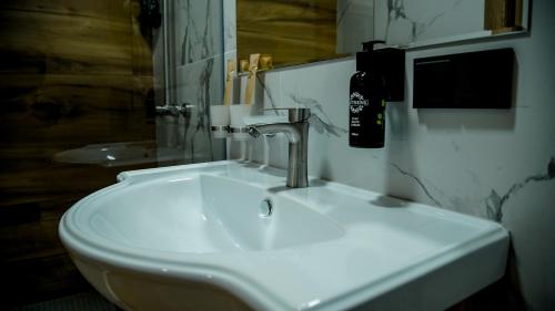 ビシュケクにあるOrto Asia Hotel Bishkekのバスルーム(白いシンク、シャワー付)