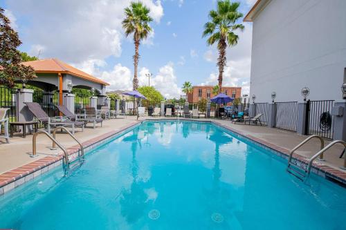 a swimming pool at a hotel with chairs and palm trees at Comfort Suites Oil Center in Lafayette