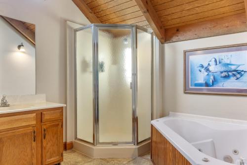 un baño con ducha y bañera en Hilton Vacation Club Laurel Crest Pigeon Forge, en Pigeon Forge
