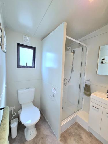 a bathroom with a toilet and a shower at Puriri Tiny Home in Orewa