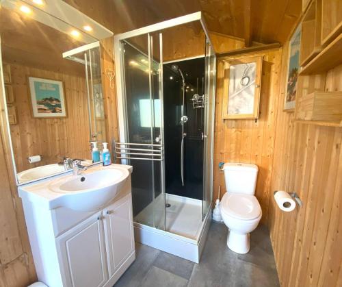 een badkamer met douche, wastafel en toilet bij Maison avec jardin à TREGASTEL REF 55 in Trégastel