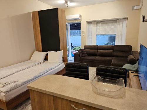 Ένα ή περισσότερα κρεβάτια σε δωμάτιο στο Bright and Cozy Studio with Garage near the Center