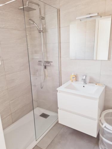 a white bathroom with a shower and a sink at Location "Casa Monna" in Prunelli-di-Fiumorbo