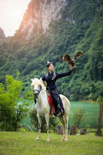a woman riding a horse with a bird on her arm at Michi Camp Lạng Sơn in Hữu Lũng