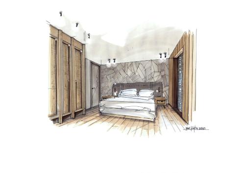a drawing of a bedroom with a bed at Nexus Suiten - by A-Appartments in Stuben am Arlberg
