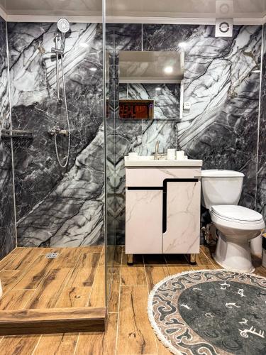 a bathroom with a shower and a toilet at Ethnochill Karakol yurt camping in Karakol