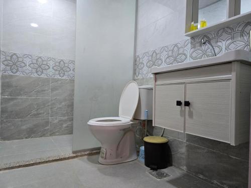 a bathroom with a pink toilet and a shower at Talira Luxury Camp in Wadi Rum