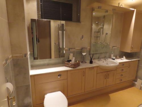 a bathroom with a sink and a toilet and a mirror at The Flat in Broughton