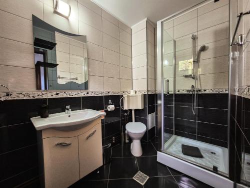 Un baño con inodoro, lavabo y ducha. en Casa Sonne, en Buşteni