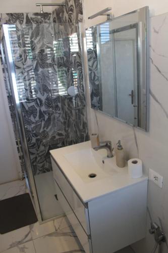 a bathroom with a sink and a shower with a mirror at La Stazione #1 in Pontedera