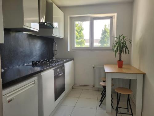 a kitchen with a sink and a table and a window at Appartement standing proche centre rocade PARC colombiere wifi in Dijon